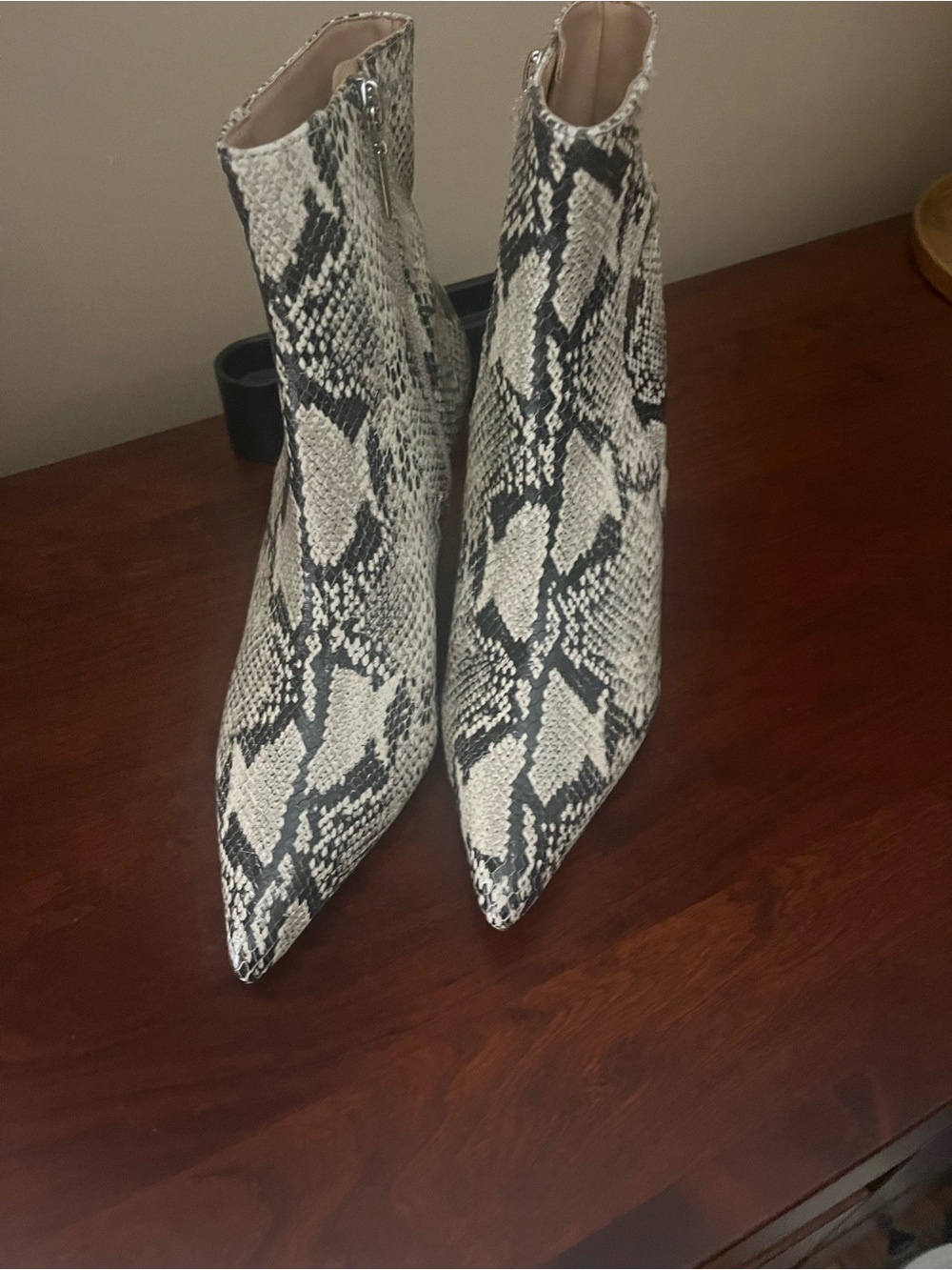 SCHUTZ Snake-Print Pointed Toe Ankle Boots - White & Black 9